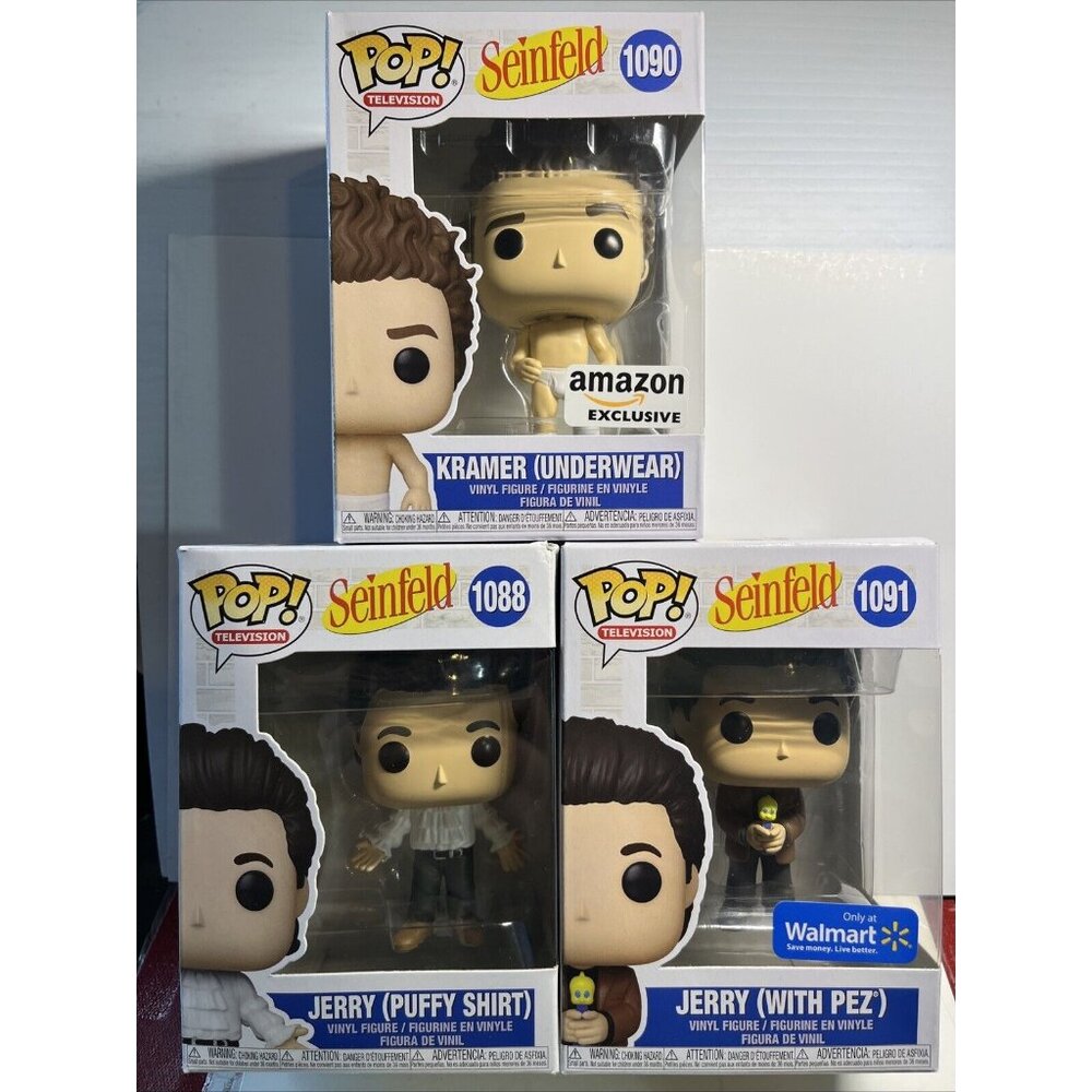 3 New Funko Pop Seinfeld # 1090 Kramer Amazon, Jerry #1088 Puffy Shirt, & # 1091